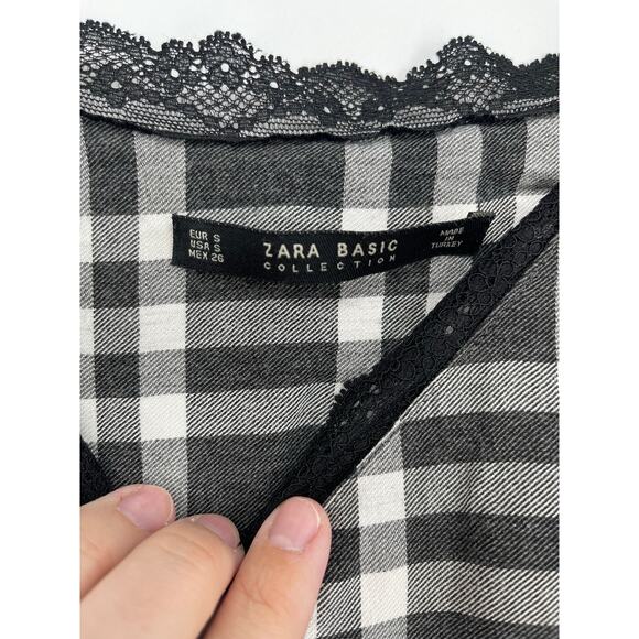 Zara Black White Gingham Lace Slit Shark-bite Hem Size S‎ Y2K Grunge Boho Punk - Picture 6 of 8